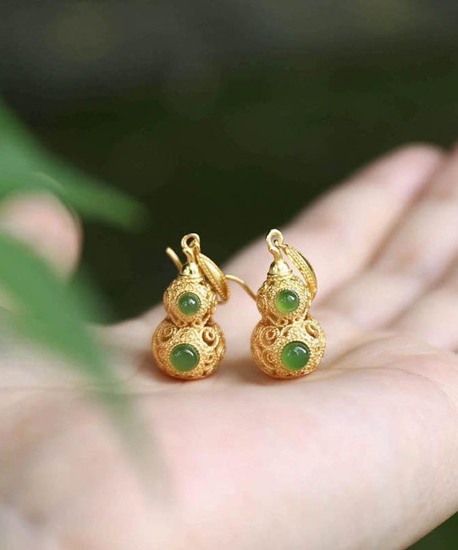 Pendientes colgantes de calabaza hueca de jade dorado con plata de ley Art Gold