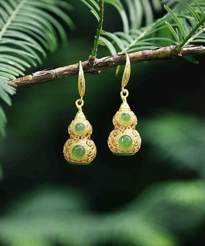 Pendientes colgantes de calabaza hueca de jade dorado con plata de ley Art Gold