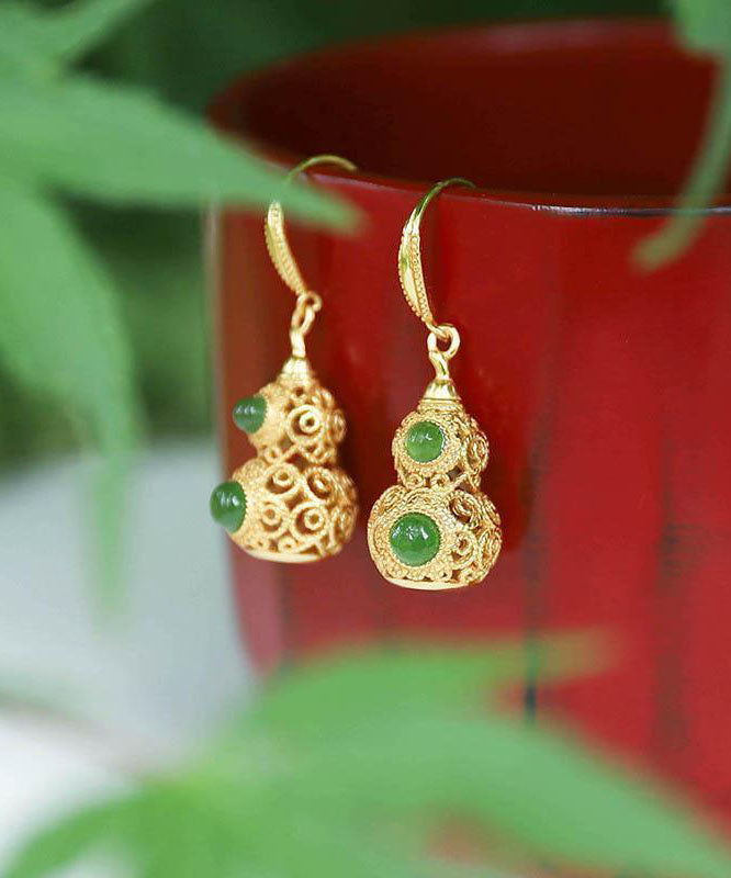Pendientes colgantes de calabaza hueca de jade dorado con plata de ley Art Gold