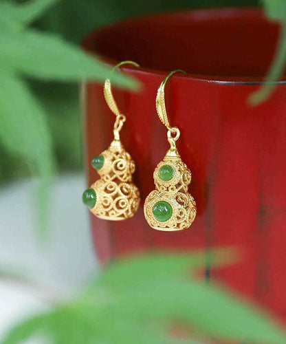 Pendientes colgantes de calabaza hueca de jade dorado con plata de ley Art Gold