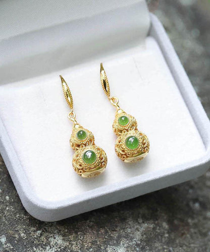 Pendientes colgantes de calabaza hueca de jade dorado con plata de ley Art Gold