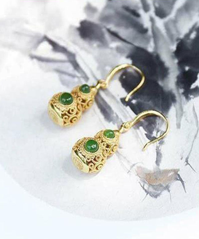 Pendientes colgantes de calabaza hueca de jade dorado con plata de ley Art Gold
