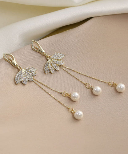 Pendientes colgantes de plata de ley dorada con perla y circonitas