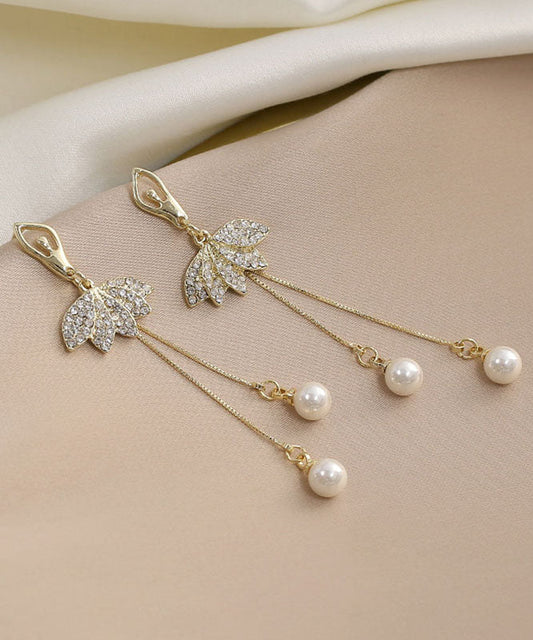 Pendientes colgantes de plata de ley dorada con perla y circonitas