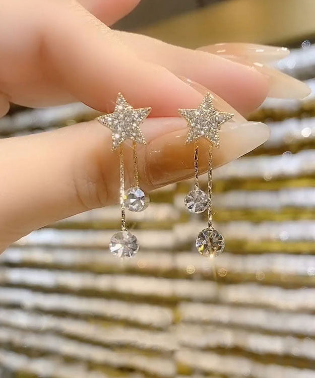 Art Gold Sterling Silver Overgild Zircon Star Tassel Drop Earrings