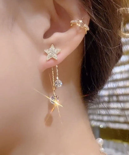 Art Gold Sterling Silver Overgild Zircon Star Tassel Drop Earrings