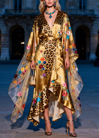 Art Golden Asymmetrical Print Silk Tunic Dress Summer