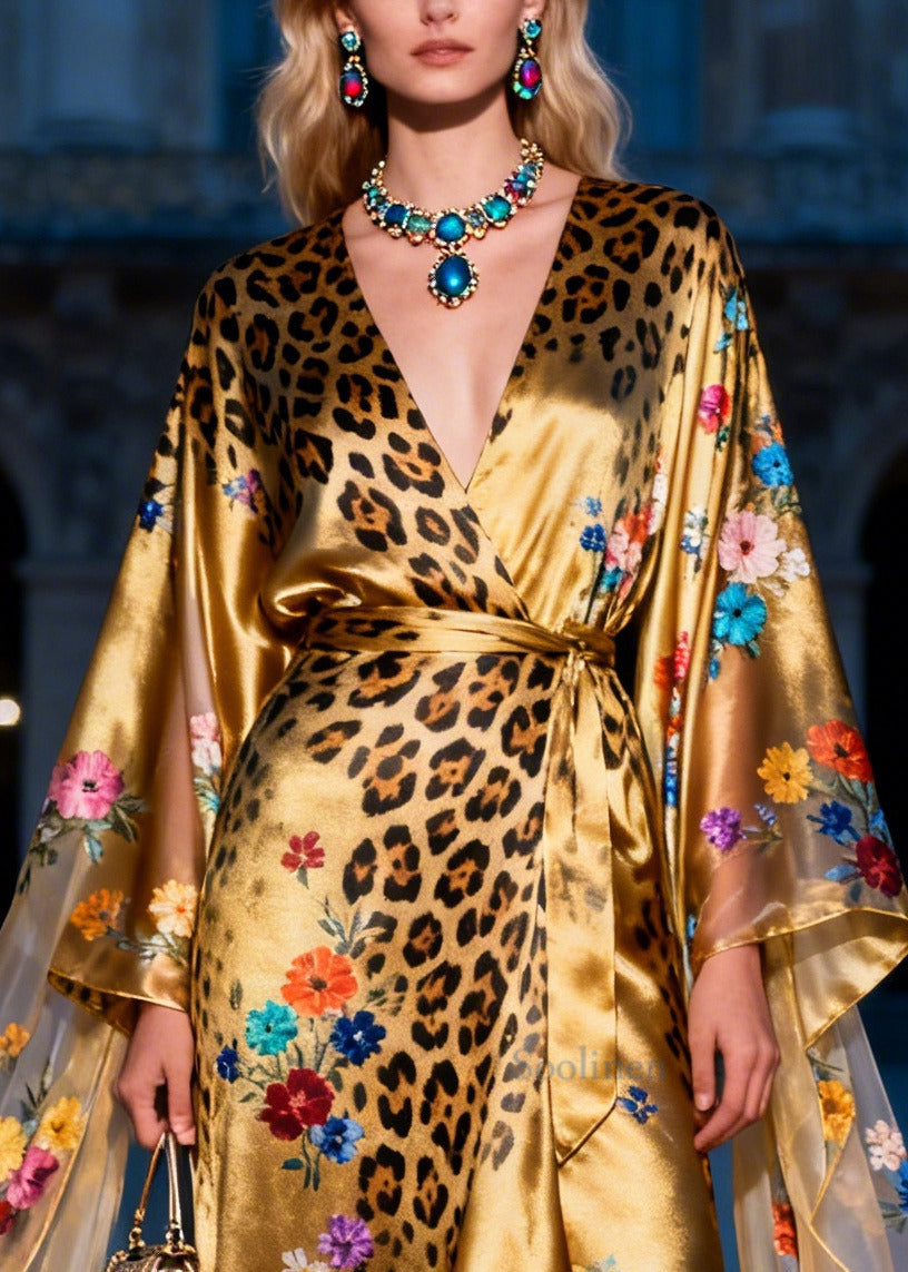 Art Golden Asymmetrical Print Silk Tunic Dress Summer