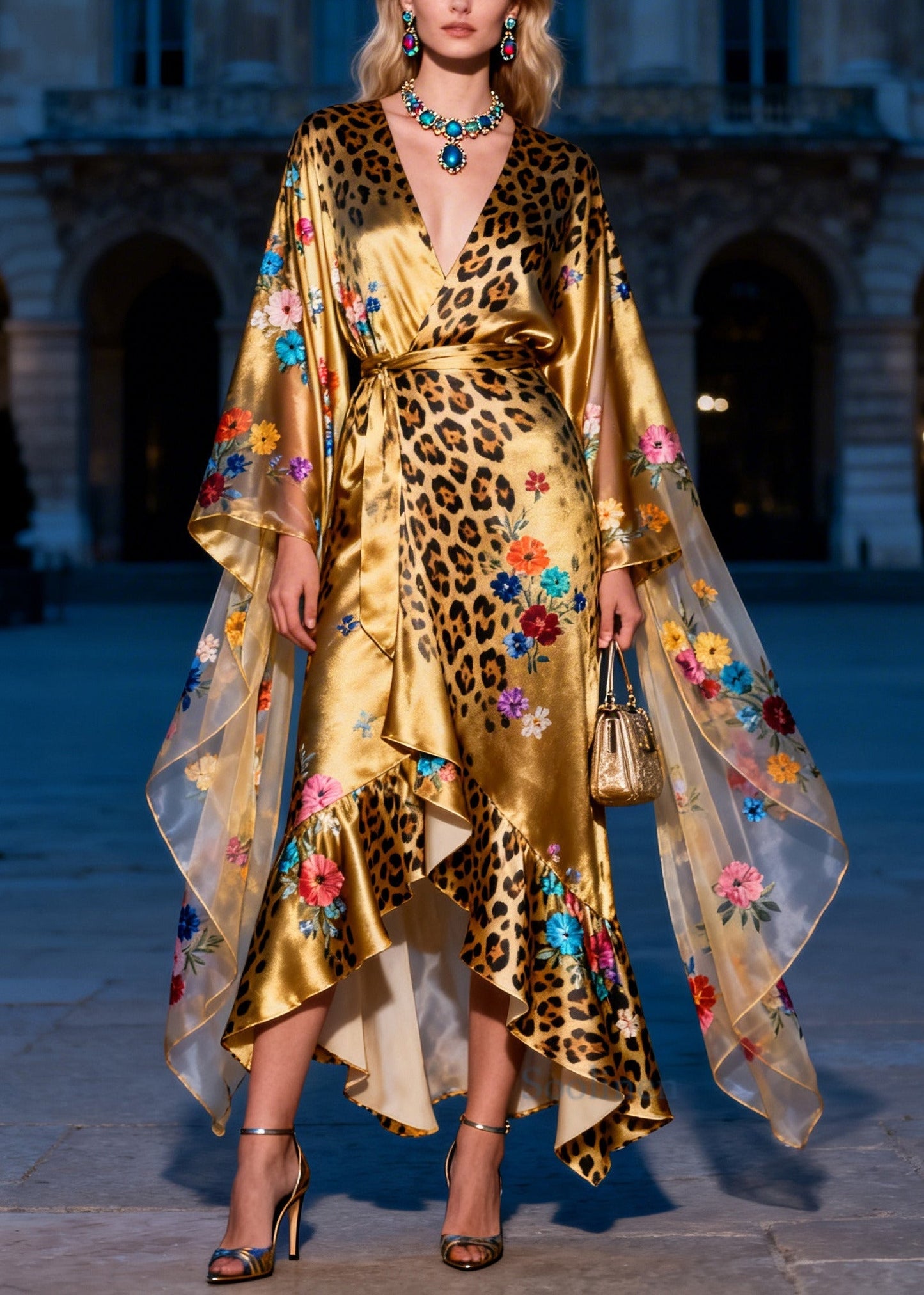 Art Golden Asymmetrical Print Silk Tunic Dress Summer