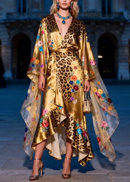 Art Golden Asymmetrical Print Silk Tunic Dress Summer