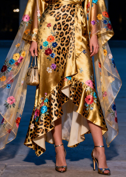 Art Golden Asymmetrical Print Silk Tunic Dress Summer