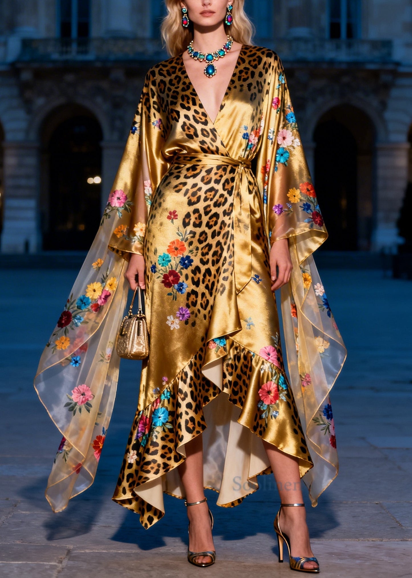 Art Golden Asymmetrical Print Silk Tunic Dress Summer