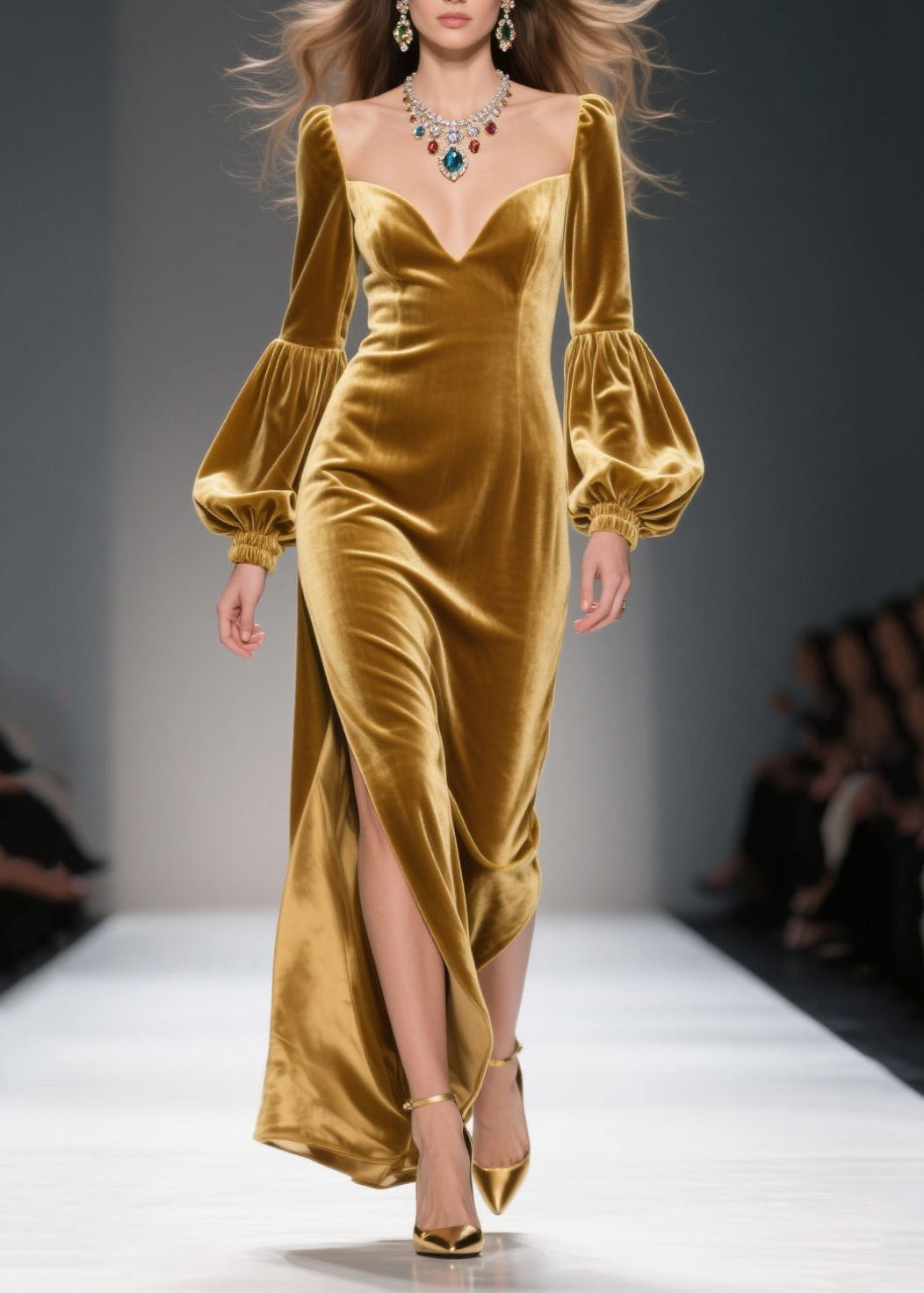 Vestido largo de terciopelo de seda con abertura lateral y bustier dorado con mangas farol