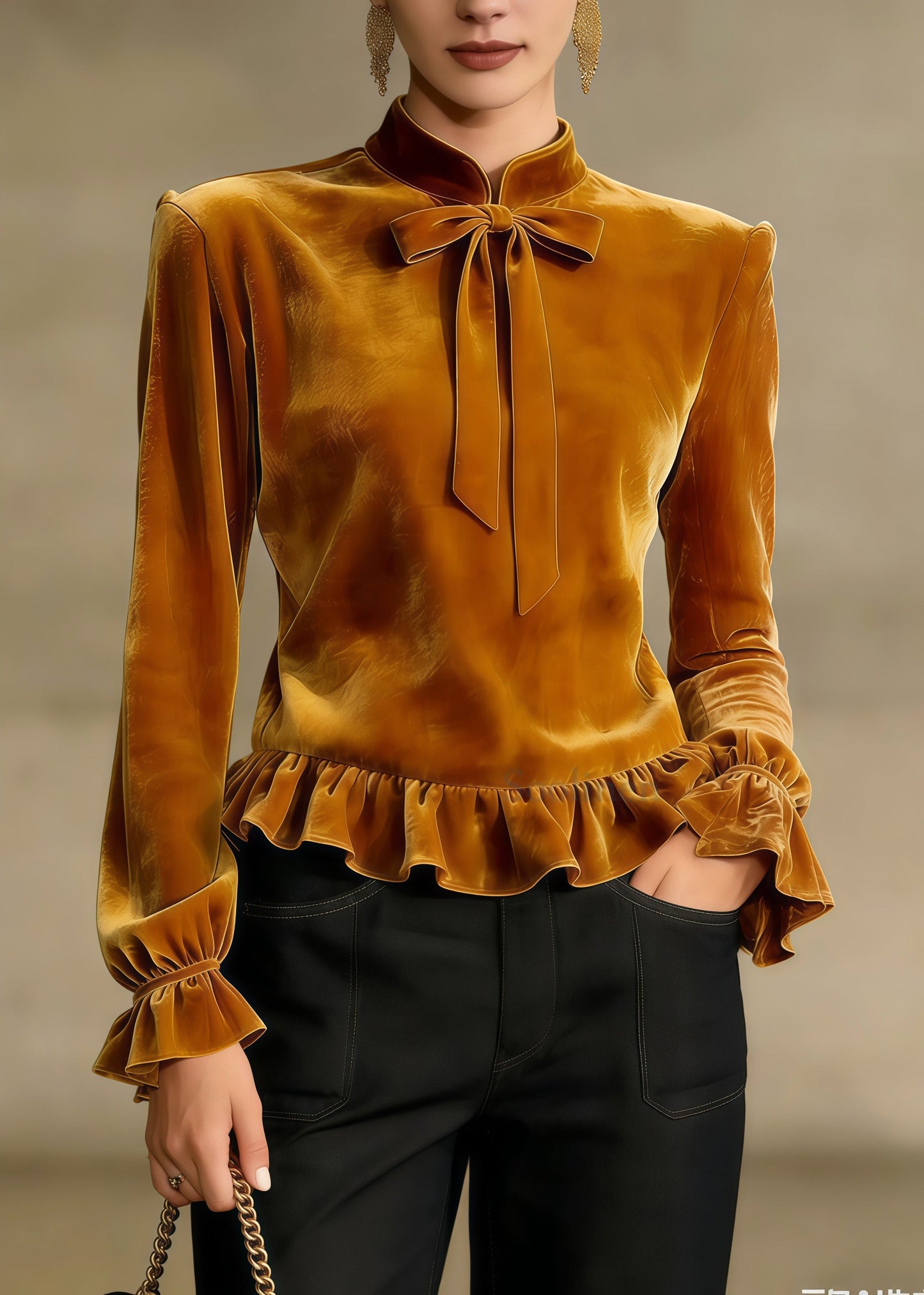 Art Golden Mandarin Collar Bow Ruffled Silk Velour Blouses Spring