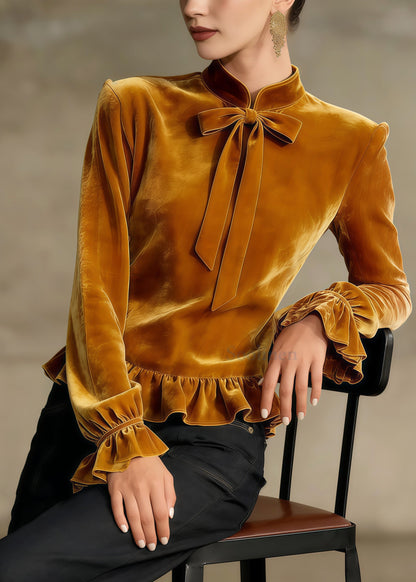 Art Golden Mandarin Collar Bow Ruffled Silk Velour Blouses Spring