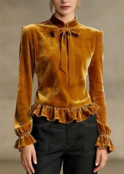 Art Golden Mandarin Collar Bow Ruffled Silk Velour Blouses Spring