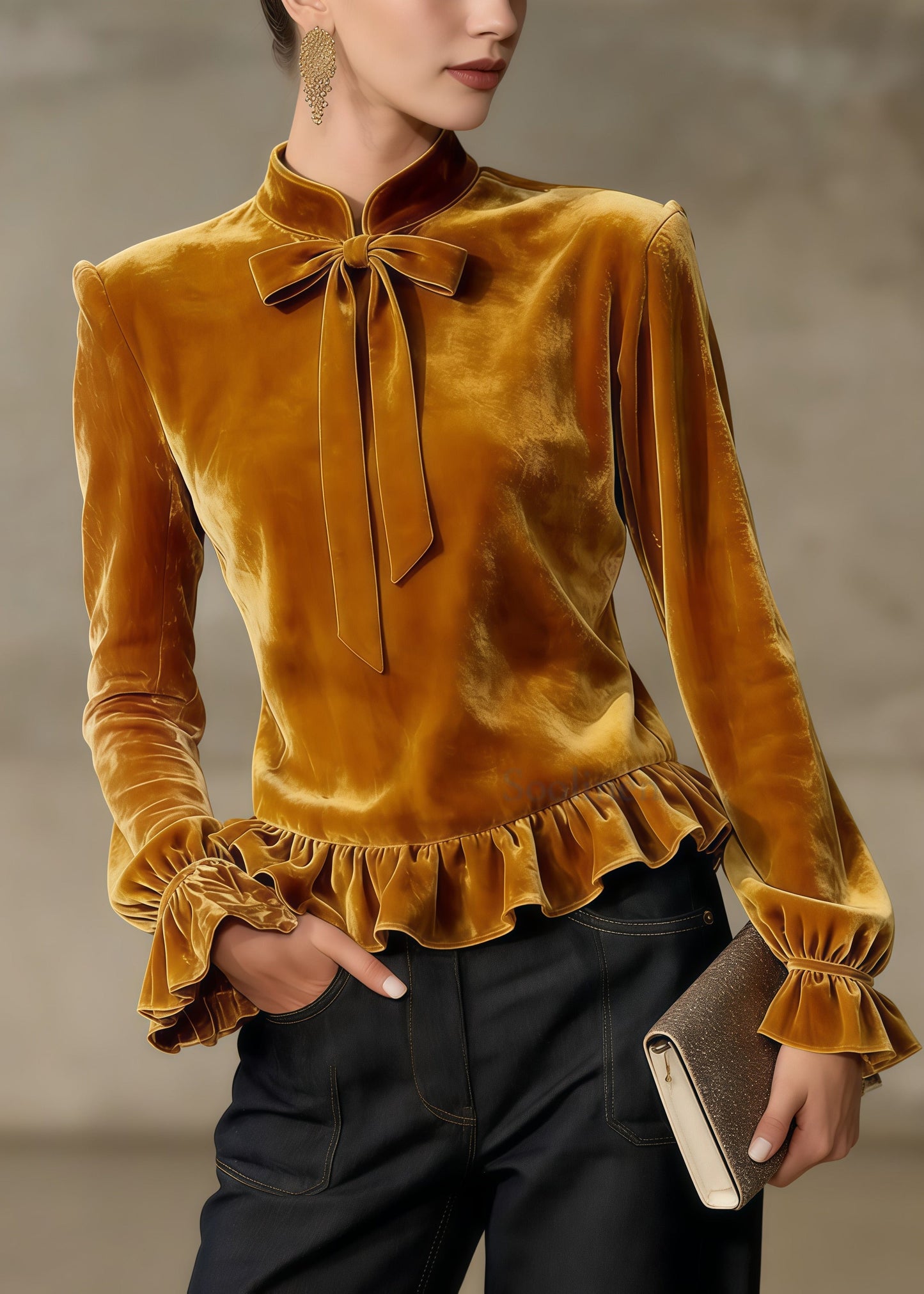 Art Golden Mandarin Collar Bow Ruffled Silk Velour Blouses Spring