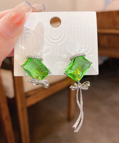 Pendientes asimétricos con borlas y lazo de cristal con circonitas de cobre verde Art Grass