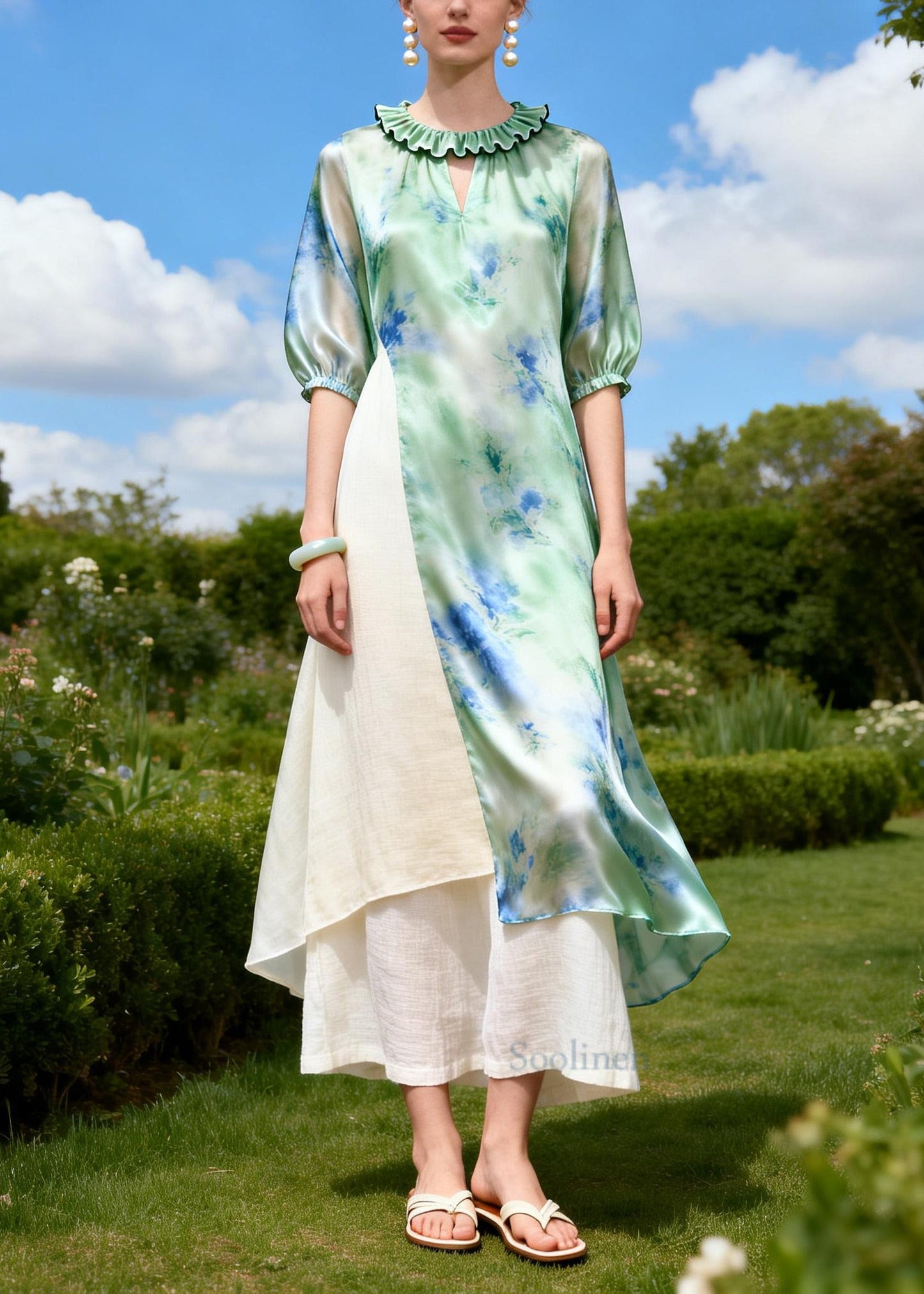 Art Green Asymmetrical Patchwork Silk Long Dress Summer