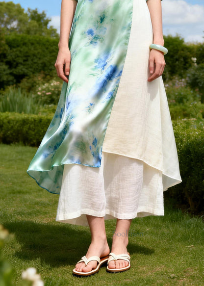 Art Green Asymmetrical Patchwork Silk Long Dress Summer