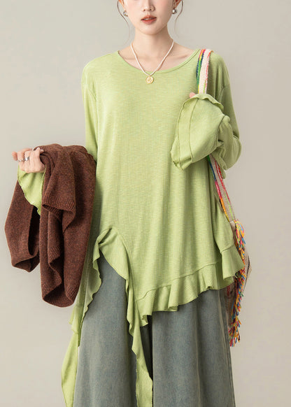 Conjunto de dos piezas de camiseta asimétrica verde arte y chaleco de punto color café con mangas acampanadas