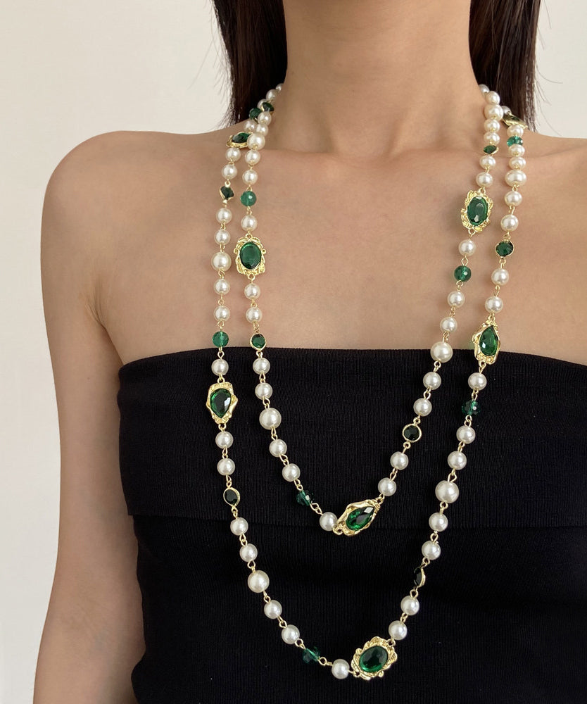 Art Green Copper Overgild Gem Stone Patchwork Glass Multiple Layers Gratuated Bead Necklace
