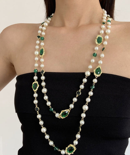 Art Green Copper Overgild Gem Stone Patchwork Glass Multiple Layers Gratuated Bead Necklace