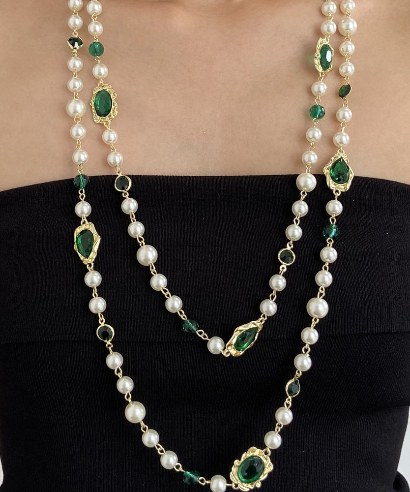 Art Green Copper Overgild Gem Stone Patchwork Glass Multiple Layers Gratuated Bead Necklace