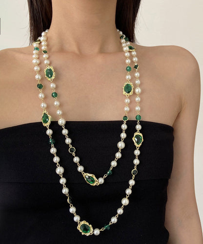 Art Green Copper Overgild Gem Stone Patchwork Glass Multiple Layers Gratuated Bead Necklace