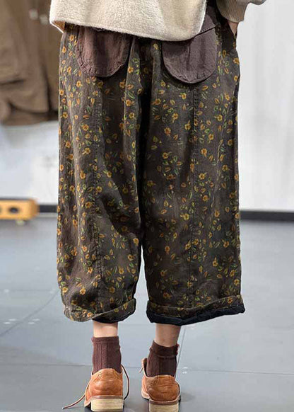 Art Green Elastische Taille Print Feine Baumwolle gefüllt Weite Beinhose Winter