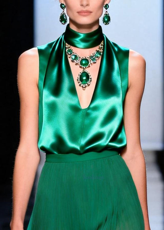 Art Green Exra Large Hem Draping Silk Tops And Chiffon Skirt Two Piece Set Summer