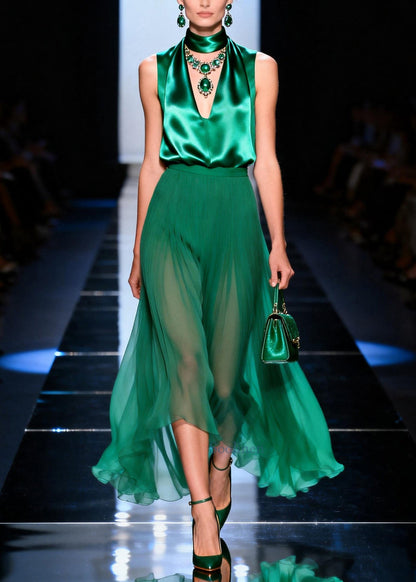 Art Green Exra Large Hem Draping Silk Tops And Chiffon Skirt Two Piece Set Summer