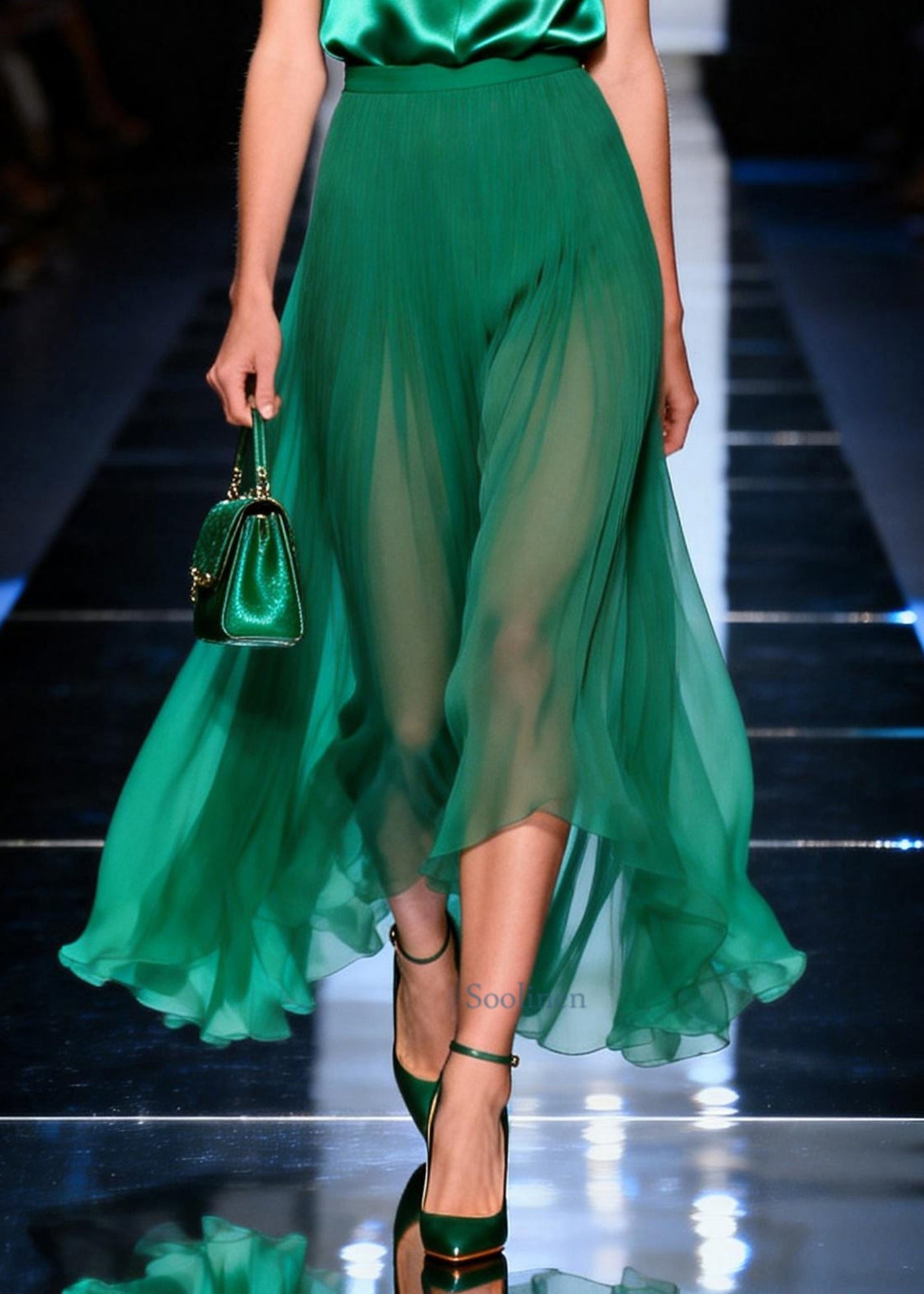 Art Green Exra Large Hem Draping Silk Tops And Chiffon Skirt Two Piece Set Summer