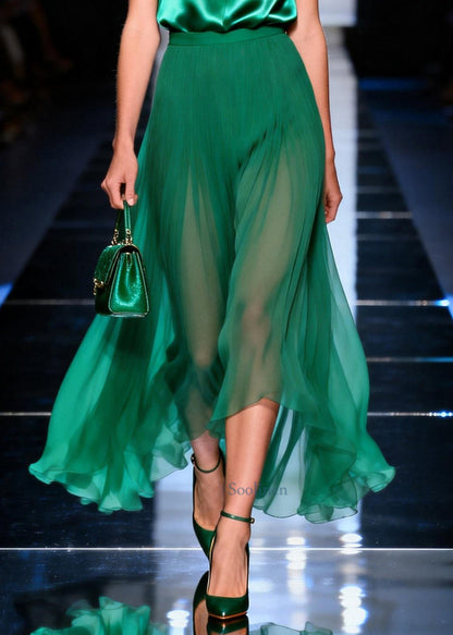 Art Green Exra Large Hem Draping Silk Tops And Chiffon Skirt Two Piece Set Summer