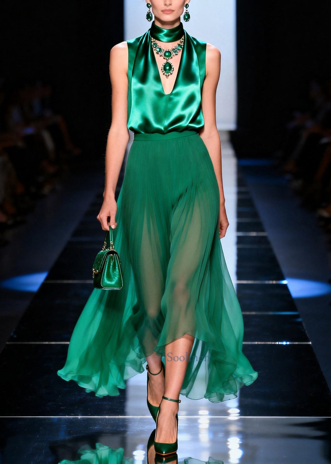 Art Green Exra Large Hem Draping Silk Tops And Chiffon Skirt Two Piece Set Summer