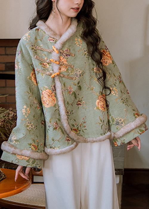 Kunstgrüner Pelzkragen, Knopfleiste, Patchwork, warmer Fleece-Parka