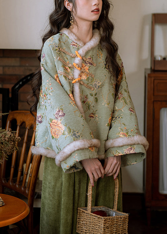 Kunstgrüner Pelzkragen, Knopfleiste, Patchwork, warmer Fleece-Parka