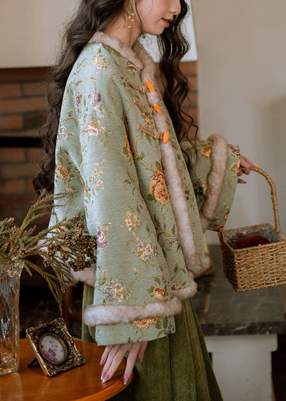 Kunstgrüner Pelzkragen, Knopfleiste, Patchwork, warmer Fleece-Parka