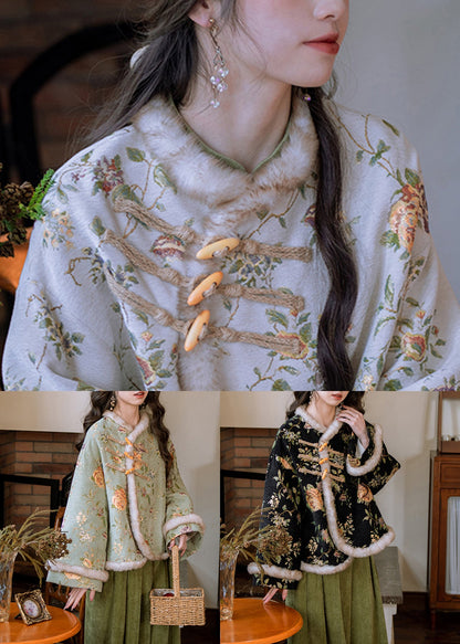 Kunstgrüner Pelzkragen, Knopfleiste, Patchwork, warmer Fleece-Parka