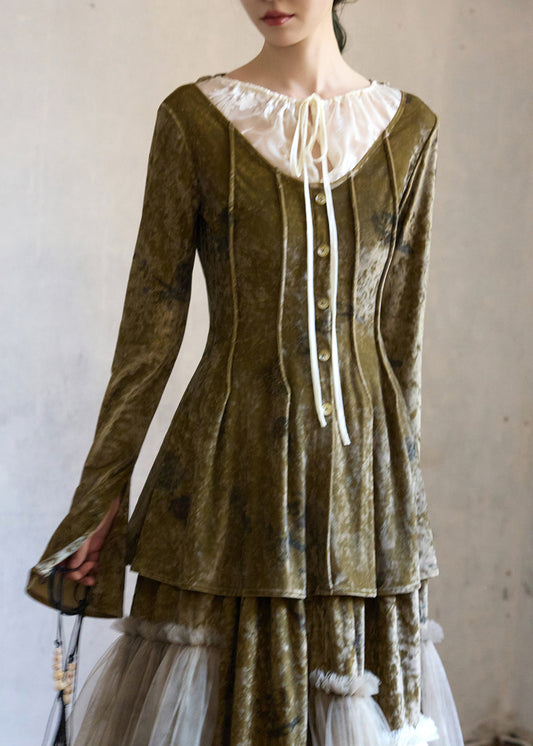 Art Green Lace Up Button Patchwork Silk Velour Top Winter