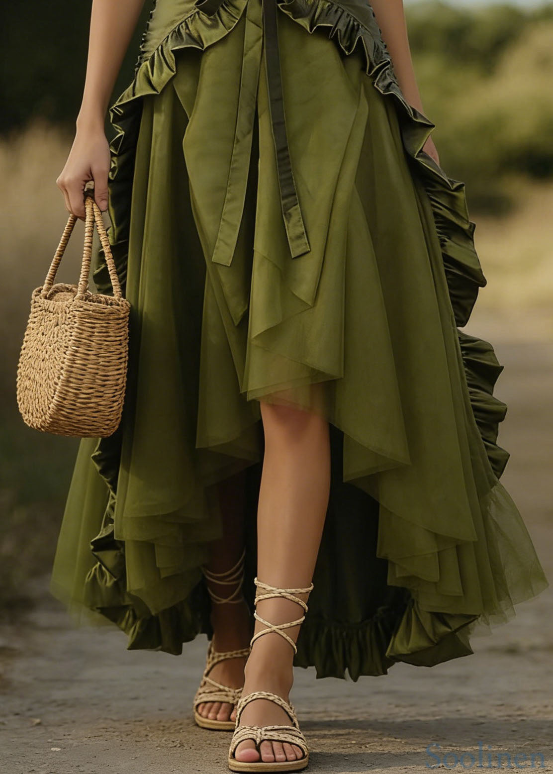 Art Green Lace Up Ruffled Patchwork Tulle Skirts Spring