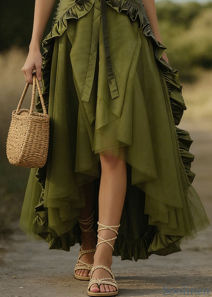 Art Green Lace Up Ruffled Patchwork Tulle Skirts Spring