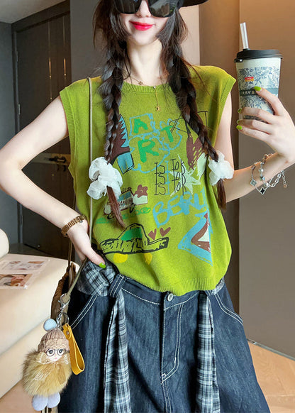 Ärmelloses Tanktop aus Baumwolle mit grünem O-Ausschnitt und Print in Art Green