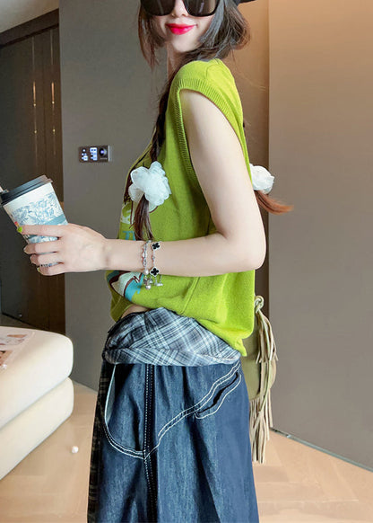 Ärmelloses Tanktop aus Baumwolle mit grünem O-Ausschnitt und Print in Art Green