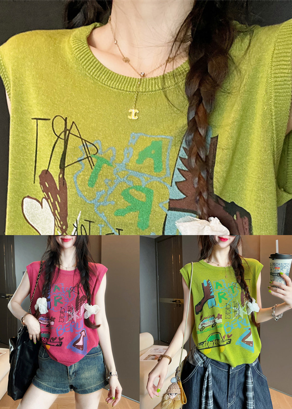 Ärmelloses Tanktop aus Baumwolle mit grünem O-Ausschnitt und Print in Art Green