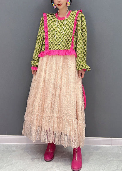 Kunst Grün O-Ausschnitt Rüschen Patchwork Tüll Maxi Kleider Frühling