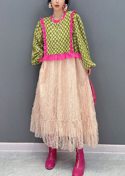 Kunst Grün O-Ausschnitt Rüschen Patchwork Tüll Maxi Kleider Frühling