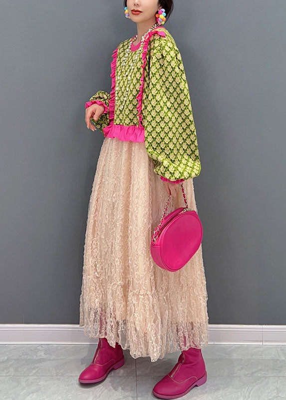 Kunst Grün O-Ausschnitt Rüschen Patchwork Tüll Maxi Kleider Frühling