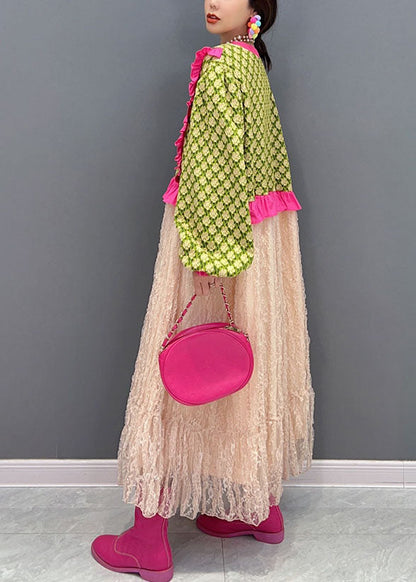 Kunst Grün O-Ausschnitt Rüschen Patchwork Tüll Maxi Kleider Frühling