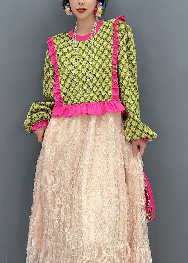 Kunst Grün O-Ausschnitt Rüschen Patchwork Tüll Maxi Kleider Frühling